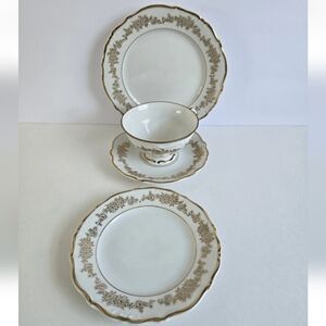 Queen Anne Germany Teacup and Saucer Small Plates Vintage Set Gold Gilt